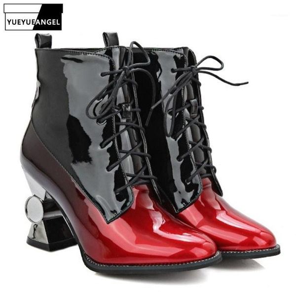 new fashion women shoes shiny patent leather lace up pointed toe for women ankle boots strange style punk shoes black pink1