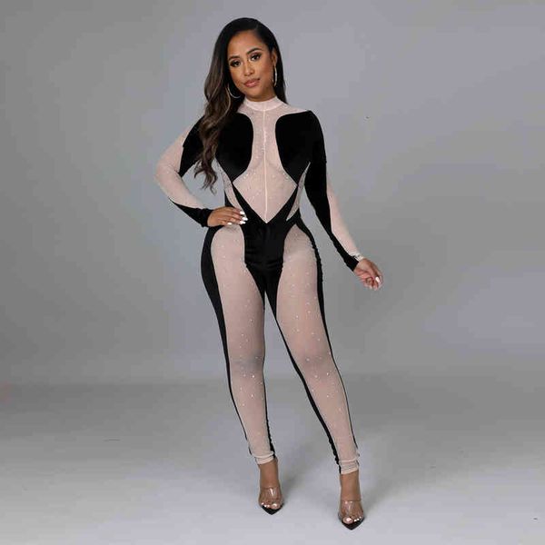 ladies early spring fashion round neck color blocking perspective drill tight slim long jumpsuit, White
ladies early spring fashion round neck color blocking perspective drill tight slim long jumpsuit, White
