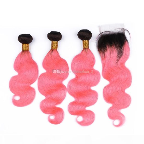ombre pink brazilian virgin human hair bundle deals with closure dark rooted 1b pink ombre 2 tone 4x4 lace closure with weave bundles, Black;brown 
ombre pink brazilian virgin human hair bundle deals with closure dark rooted 1b pink ombre 2 tone 4x4 lace closure with weave bundles, Black;brown