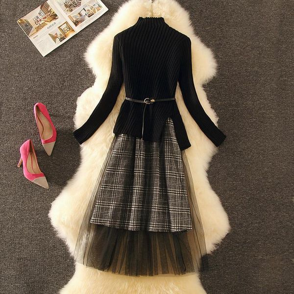 women elegant a-line midi dress vintage plaid turtleneck knitting gauze slim dress 2 pcs set suit women 2020 autumn winter, Black;gray
women elegant a-line midi dress vintage plaid turtleneck knitting gauze slim dress 2 pcs set suit women 2020 autumn winter, Black;gray