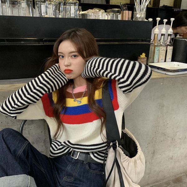 wanyucl autumn colorful rainbow contrast color striped round neck loose long sleeve knitted sweater women1, White;black
wanyucl autumn colorful rainbow contrast color striped round neck loose long sleeve knitted sweater women1, White;black