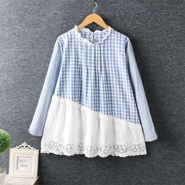 2020 autumn new blouse women's art small fresh round neck plaid baby blouse water soluble lace loose top, White
2020 autumn new blouse women's art small fresh round neck plaid baby blouse water soluble lace loose top, White