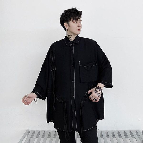 summer bright line japanese style short sleeve loose personality shirt solid color drawstring design fashionable men's fashionab1, White;black
summer bright line japanese style short sleeve loose personality shirt solid color drawstring design fashionable men's fashionab1, White;black