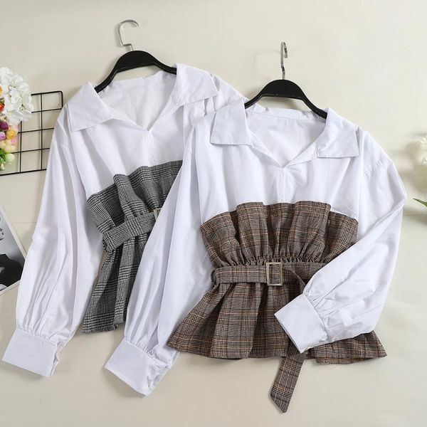 2020 new spring women spliced plaid blouse turn-down collar long sleeves sashes autumn female streetwear loose white blouse1
2020 new spring women spliced plaid blouse turn-down collar long sleeves sashes autumn female streetwear loose white blouse1