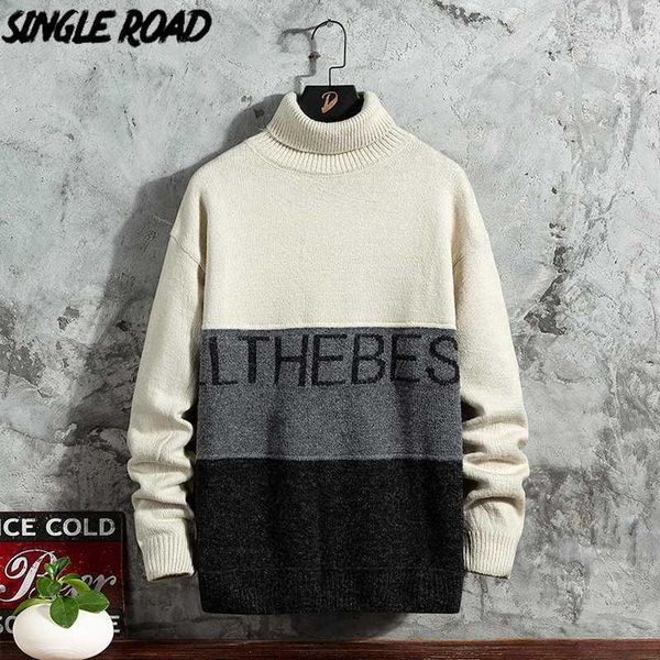 singleroad mens turtlenecks sweater men 2020 winter high collar patchwork sweaters harajuku korean turtleneck white sweater men1, White;black