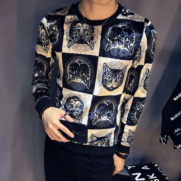 2021 new cat head print club clothing animal long-sleeved o-neck luxury slim men's veet t-shirt sb5t, White;black
2021 new cat head print club clothing animal long-sleeved o-neck luxury slim men's veet t-shirt sb5t, White;black