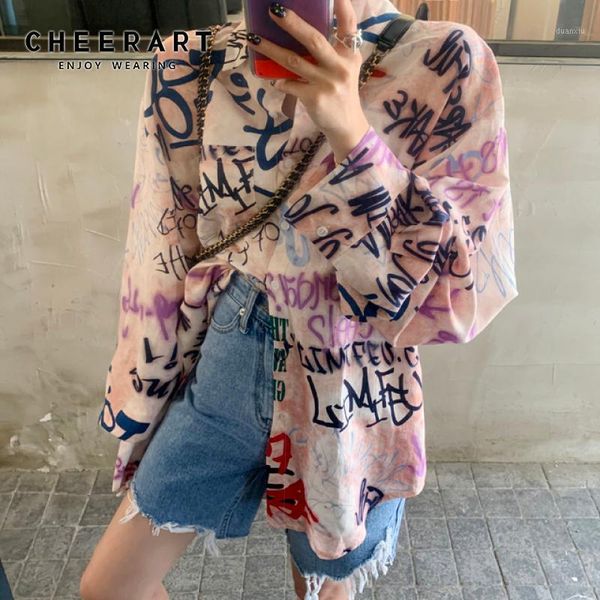 cheerart streetwear graffiti long sleeve pink blouse loose korean button down shirt for women designer, White
cheerart streetwear graffiti long sleeve pink blouse loose korean button down shirt for women designer, White
