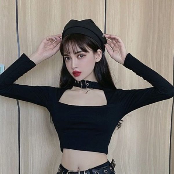 two piece nightclub suit women's short style with t-shirt denim skirt navel hanging neck showing thin long sleeve tight t-shirt high wa, Gray
two piece nightclub suit women's short style with t-shirt denim skirt navel hanging neck showing thin long sleeve tight t-shirt high wa, Gray