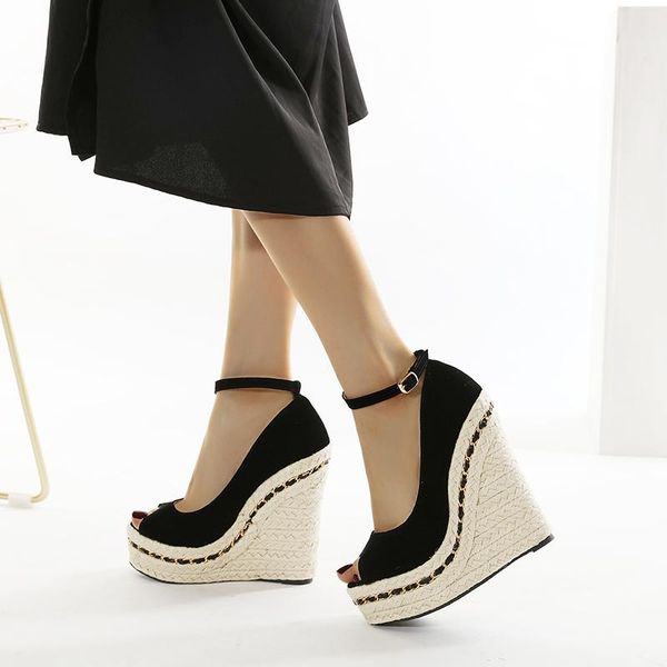sandals spring simple open toe 16 cm wedge heels women high pumps shoes size 35-42, Black