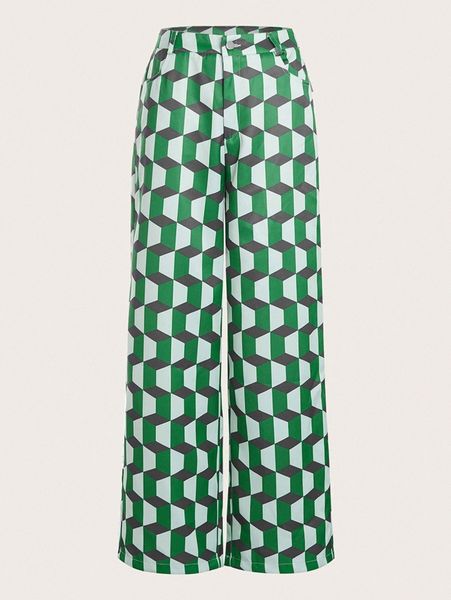geo print wide leg pants 41h9#, Black;white
