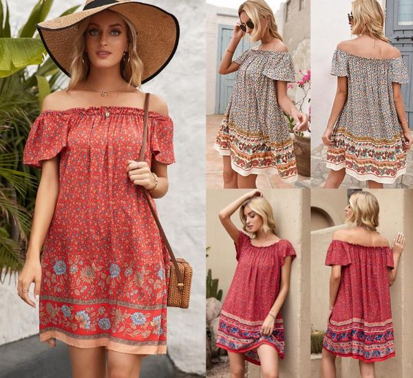 summer bohemian dresses holiday style one-line collar short-sleeved floral dress for women, Black;gray
summer bohemian dresses holiday style one-line collar short-sleeved floral dress for women, Black;gray