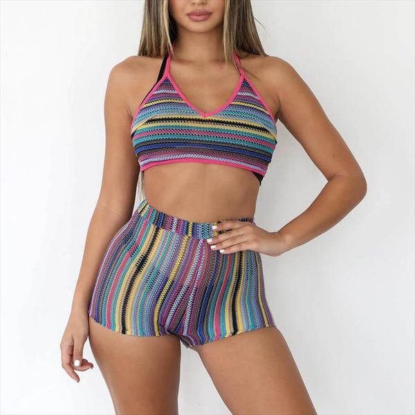 rainbow striped crochet two 2 piece sets halter backless bandage crop elastic waist shorts hollow out outfits women, Gray
rainbow striped crochet two 2 piece sets halter backless bandage crop elastic waist shorts hollow out outfits women, Gray