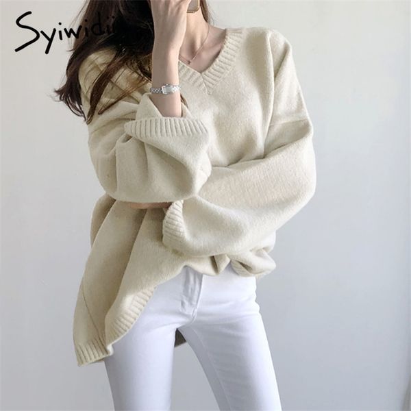 syiwidii cashmere oversize sweater women solid korean v neck loose casual pullovers female knitted winter sweater women 201222, White;black
syiwidii cashmere oversize sweater women solid korean v neck loose casual pullovers female knitted winter sweater women 201222, White;black