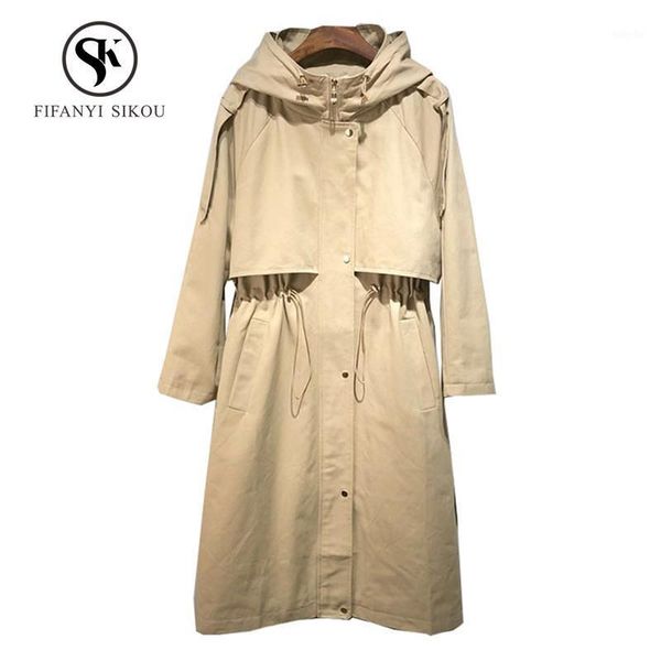 korean style women's casual hooded trench coat 2020 spring fashion loose long trench female elegant coat outerwear1, Tan;black 
korean style women's casual hooded trench coat 2020 spring fashion loose long trench female elegant coat outerwear1, Tan;black
