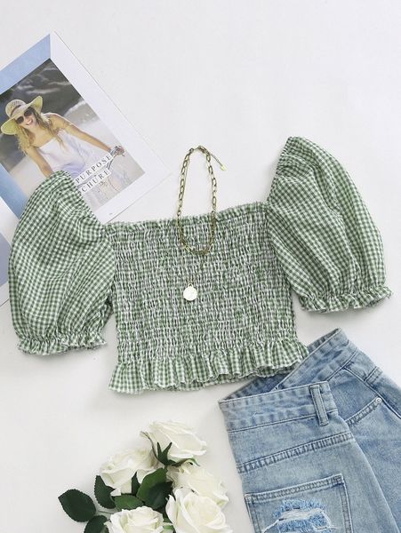 puff sleeve shirred frill trim gingham peplum a6ge#, White