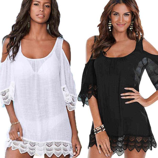 women lace up loose black white short beach dress cover ups shoulder lace bikini cover up beachwear bathing suit swimwear, White;black
women lace up loose black white short beach dress cover ups shoulder lace bikini cover up beachwear bathing suit swimwear, White;black