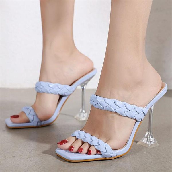 sandals women pu leather braided crystal thin high heel square toe slip on summer outdoor weave mules slides shoes, Black 
sandals women pu leather braided crystal thin high heel square toe slip on summer outdoor weave mules slides shoes, Black