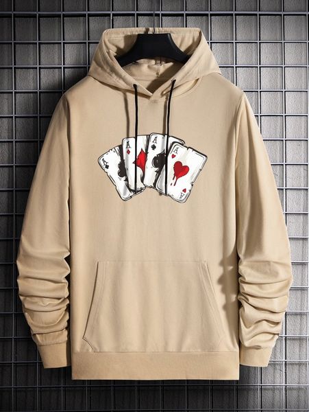 men playing card print drawstring hoodie a5ba#, Black