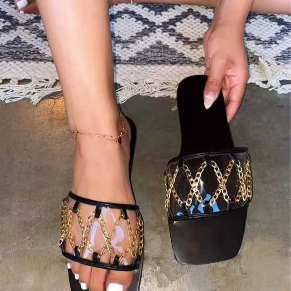 new style square head metal chain flat slippers women's 2021 summer large one line sandal, Black
new style square head metal chain flat slippers women's 2021 summer large one line sandal, Black