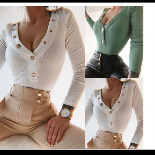 2021 autumn breasted metal buttons v-neck slim solid color long sleeves blouse at0059, White
2021 autumn breasted metal buttons v-neck slim solid color long sleeves blouse at0059, White