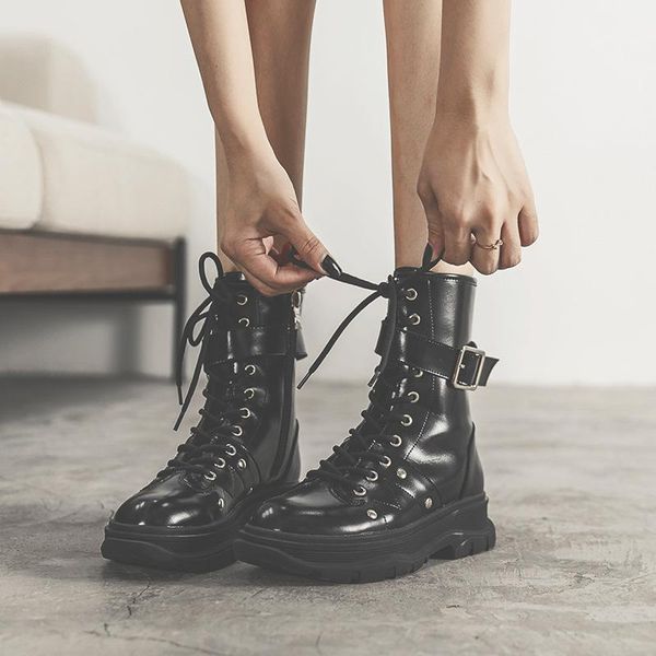 boots buckle leather fashion lace up round toe platform women shoes winter, Black