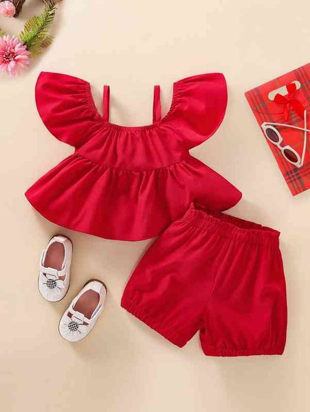 baby ruffle trim cold shoulder peplum & shorts she, White 
baby ruffle trim cold shoulder peplum & shorts she, White