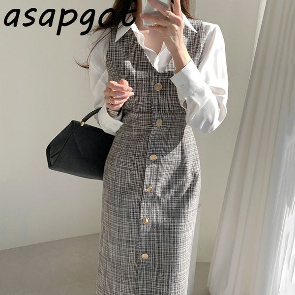 v neck single breasted slim sleeveless plaid vest dress simple loose white long sleeve shirts women 2 sets ol elegant korean lj201120
v neck single breasted slim sleeveless plaid vest dress simple loose white long sleeve shirts women 2 sets ol elegant korean lj201120