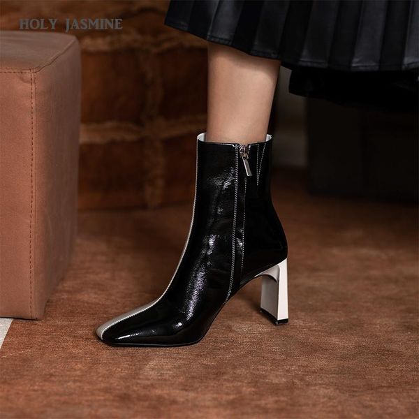 holy jasmine genuine leather women boots new autumn and winter cow patent leather zipper fashion boots super high (8cm-up) ankle, Black 
holy jasmine genuine leather women boots new autumn and winter cow patent leather zipper fashion boots super high (8cm-up) ankle, Black