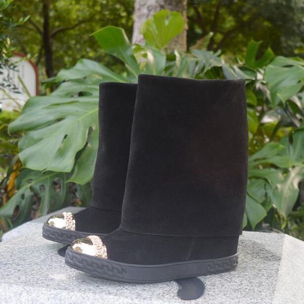 dipsloot woman black suede gold metal toe 8 cm wedge boots height increasing round toe mid-calf fold casual slip on boots
dipsloot woman black suede gold metal toe 8 cm wedge boots height increasing round toe mid-calf fold casual slip on boots