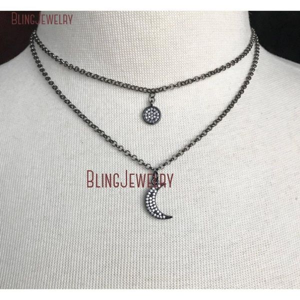double layer choker with gunmetal pave crystal moon and disc charms on gunmetal chain nm18734, Golden;silver
double layer choker with gunmetal pave crystal moon and disc charms on gunmetal chain nm18734, Golden;silver