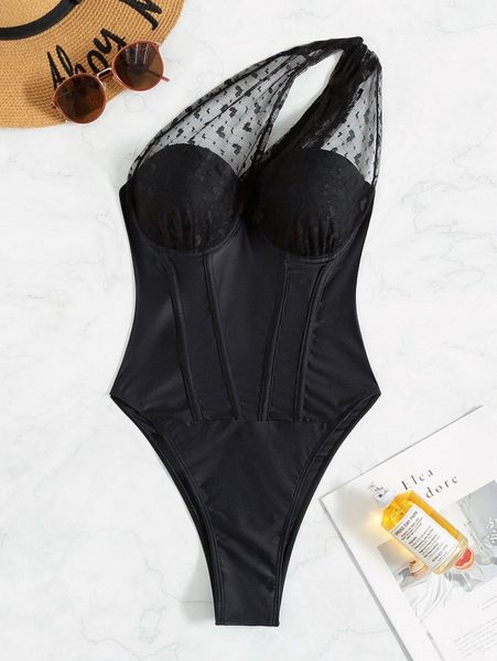 contrast lace one shoulder push up one piece swimsuit a5b8#, White;black