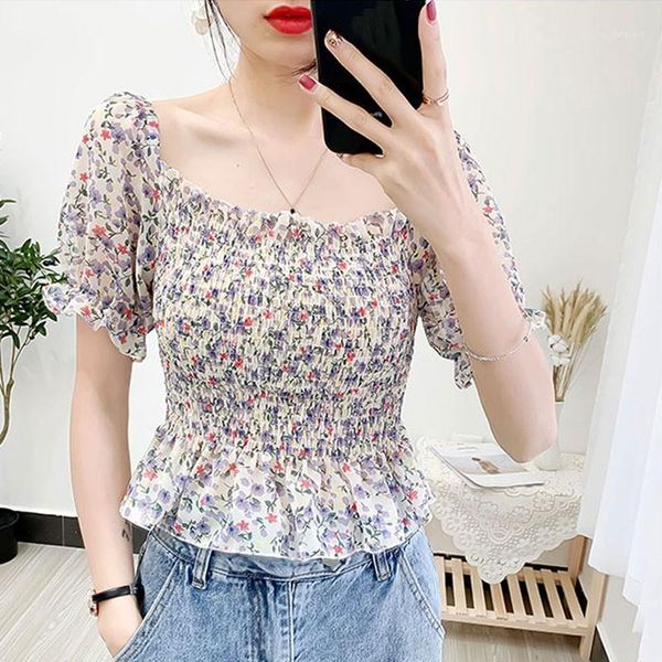 women's square collar print chiffon blouse floral women shirts short sleeve ruffle blouses .1, White
women's square collar print chiffon blouse floral women shirts short sleeve ruffle blouses .1, White