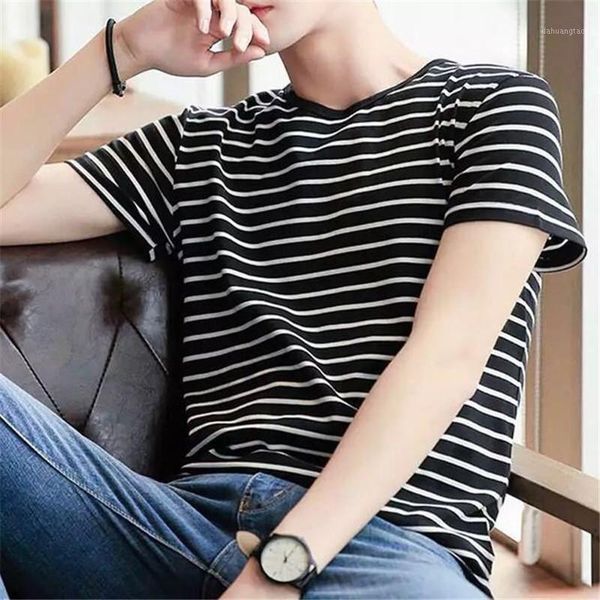 stripe fashion tshirt casual round neck fashion short sleeve t shirt men slim fit harajuku t-shirt men clothing wgtx161 r1, White;black