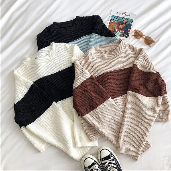 women's sweaters vintage crop sweater women fashion long sleeved loose korean stripe woman oversized short knitted, White;black
women's sweaters vintage crop sweater women fashion long sleeved loose korean stripe woman oversized short knitted, White;black