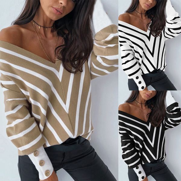 new women's autumn strapless striped v-neck versatile sweater loose winter long-sleeved sweater bottoming shirt top, White;black
new women's autumn strapless striped v-neck versatile sweater loose winter long-sleeved sweater bottoming shirt top, White;black
