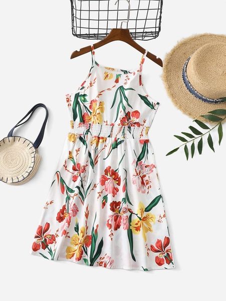 toddler girls floral print shirred waist cami dress she, Red;yellow 
toddler girls floral print shirred waist cami dress she, Red;yellow