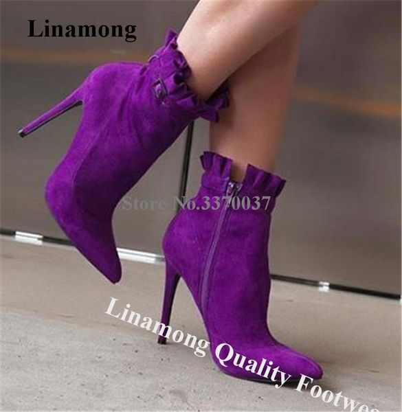 linamong elegant purple suede ruffles stiletto heel short boots side zipper-up pointed toe high heel ankle booties dress heels, Black
linamong elegant purple suede ruffles stiletto heel short boots side zipper-up pointed toe high heel ankle booties dress heels, Black