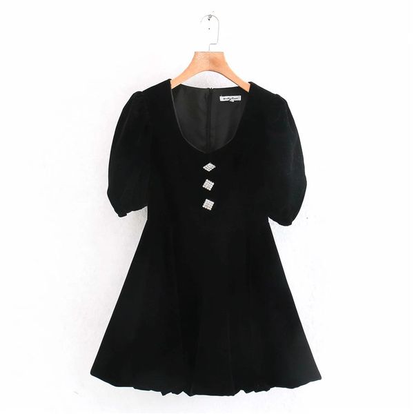 2021 new women velvet puff sleeves vintage french mini dress fashion o-neck button decoration female elegant dresses 62pb, Black;gray
2021 new women velvet puff sleeves vintage french mini dress fashion o-neck button decoration female elegant dresses 62pb, Black;gray