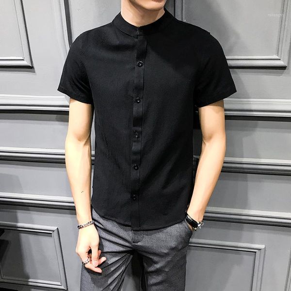 mandarin collar short sleeve cotton shirt men black white blue shirt man 2020 summer solid breathable casual slim fit male1, White;black
mandarin collar short sleeve cotton shirt men black white blue shirt man 2020 summer solid breathable casual slim fit male1, White;black