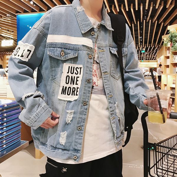 spring autumn mens fashion hole denim jackets bf applique letter korean style loose buttons long sleeve windbreaker outdoor sports clothe, Black;brown
spring autumn mens fashion hole denim jackets bf applique letter korean style loose buttons long sleeve windbreaker outdoor sports clothe, Black;brown