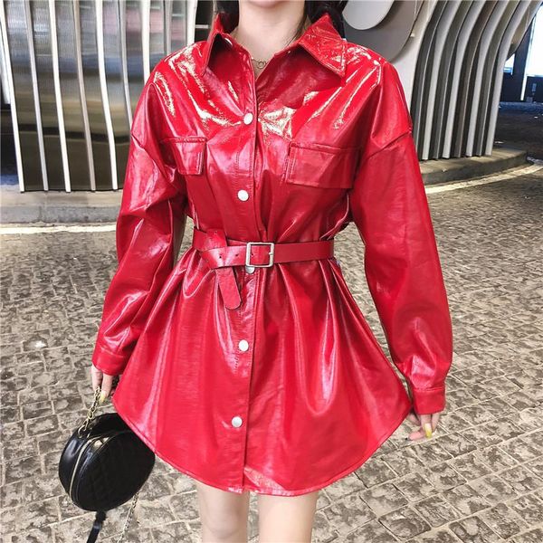 spring and autumn new temperament pu leather mid-length windbreaker korean style loose belt red fashion jacket women, Black
spring and autumn new temperament pu leather mid-length windbreaker korean style loose belt red fashion jacket women, Black