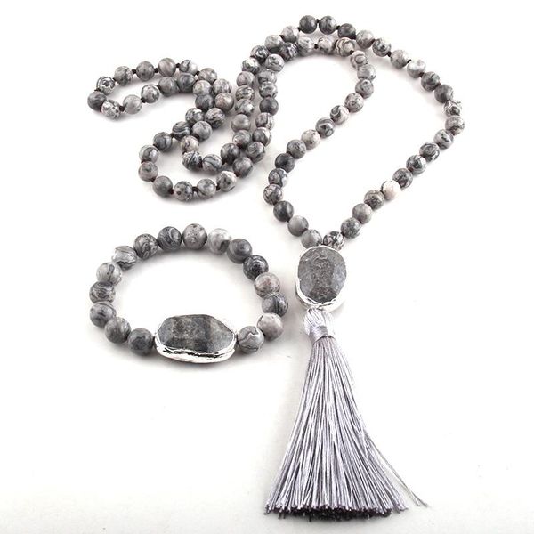 rh fashion jewelry set natural stone knotted stone link tassel necklace bracelet set, Silver
rh fashion jewelry set natural stone knotted stone link tassel necklace bracelet set, Silver