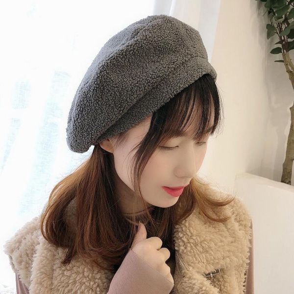 hat lady autumn winter new lambhair beret british retro artist hat outdoor plush warm, Blue;gray