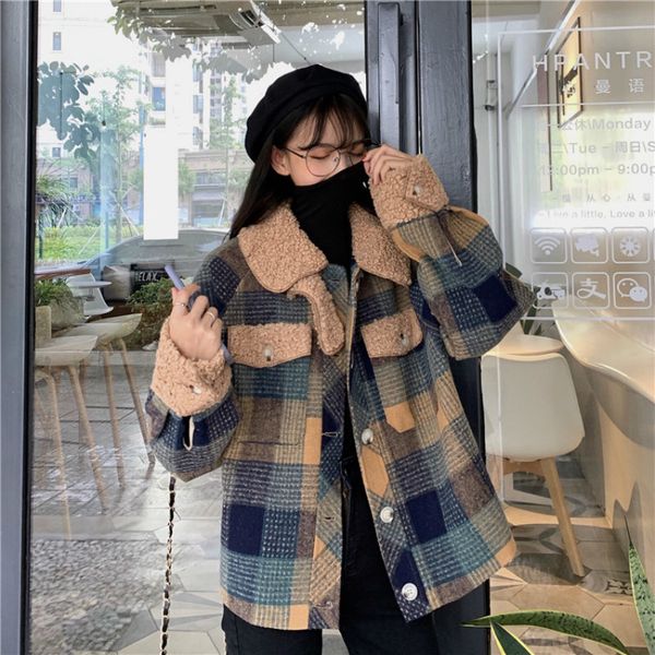 women autumn winter vintage plaid short lamb wool coat jacket straight oversized woolen overcoat single breasted parkasx1016, Black;brown
women autumn winter vintage plaid short lamb wool coat jacket straight oversized woolen overcoat single breasted parkasx1016, Black;brown