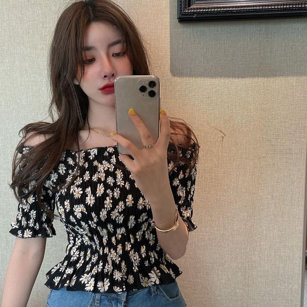 print daisy stretchy flower chiffon shirt summer slash neck cropped blouses women short sleeve black crop for girls, White
print daisy stretchy flower chiffon shirt summer slash neck cropped blouses women short sleeve black crop for girls, White