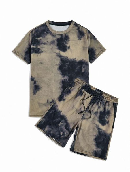 men tie dye tee with drawstring shorts 84pp#, Gray