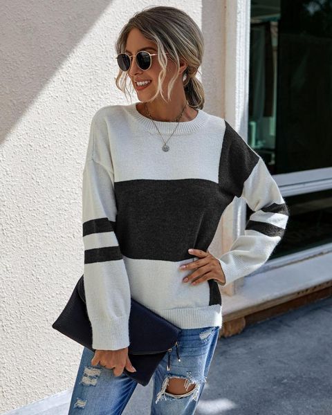 women's sweaters winter fashion splicing comfortable long sleeve pullover sweater, White;black
women's sweaters winter fashion splicing comfortable long sleeve pullover sweater, White;black