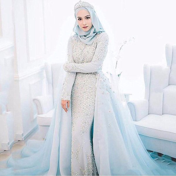 arabic muslim light sky blue wedding dresses with detachable train overskirts 2021 long sleeve hijab pearls long bridal gowns engagement, White
arabic muslim light sky blue wedding dresses with detachable train overskirts 2021 long sleeve hijab pearls long bridal gowns engagement, White