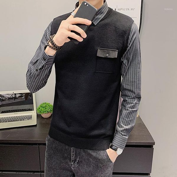 winter men's slim fitting fake two piece striped shirt collar pullover knitted sweater men's bottoming shirt1, White;black
winter men's slim fitting fake two piece striped shirt collar pullover knitted sweater men's bottoming shirt1, White;black