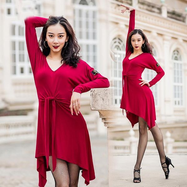 modal latin dance dress for women's irregular v-neck long-sleeved dresses ballroom training clothes dwy27411, Black;red
modal latin dance dress for women's irregular v-neck long-sleeved dresses ballroom training clothes dwy27411, Black;red